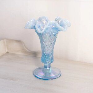 Vintage Fenton Blue Iridescent Opalescent Glass Footed Daffodil Vase